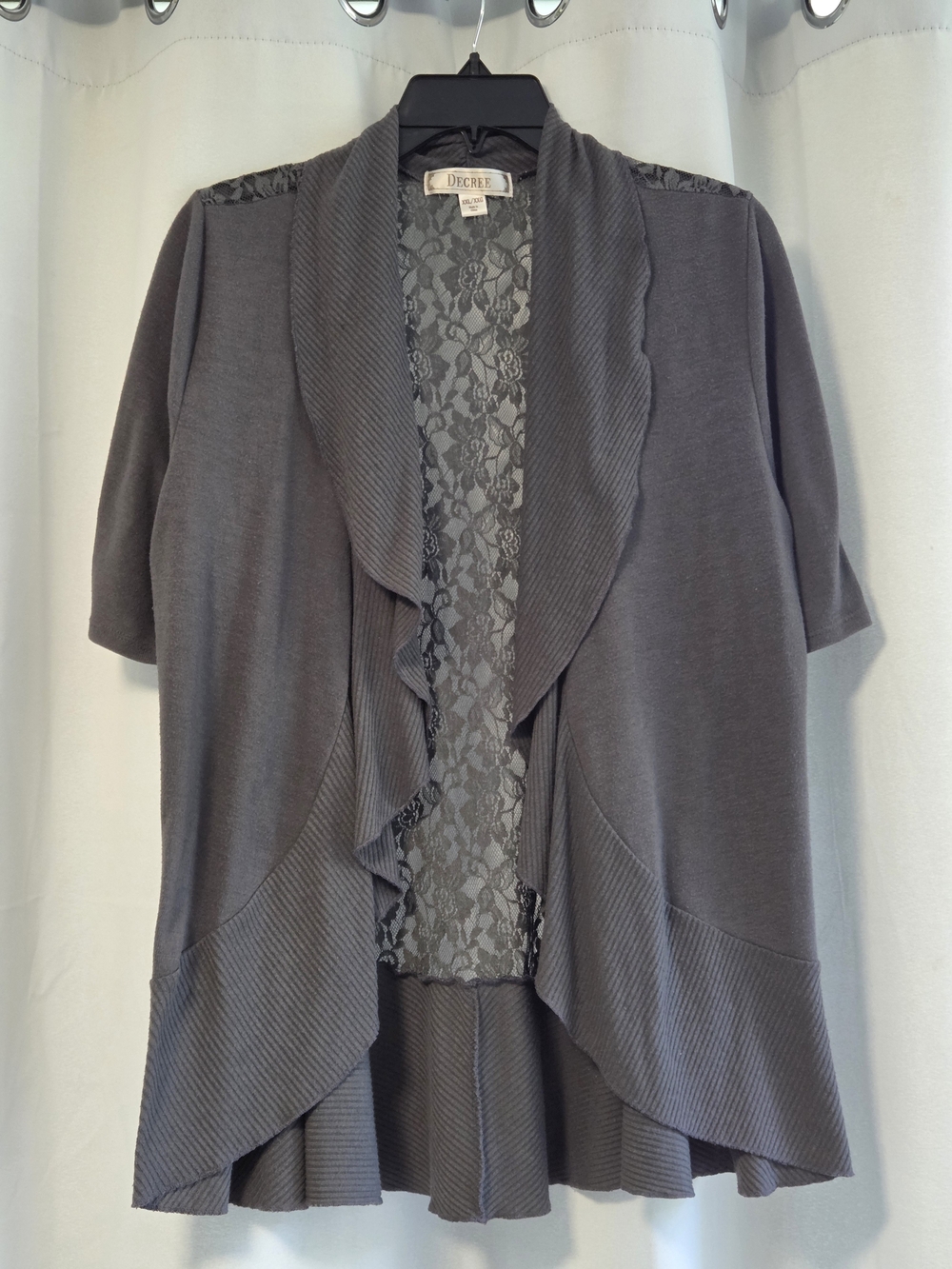 Decree Charcoal Gray Open Front Cardigan Ribbed Collar Lace Back XXL